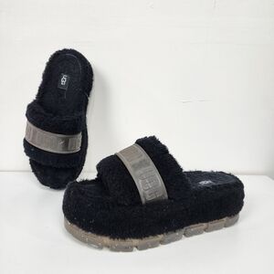 UGG Fluffita Black Fuzzy Slide Sandals, Size 8